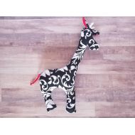 /AFoxInTheFabric Black and White Scrollwork Stuffed Giraffe with Squeaker in Head and Red Crinkle Ears