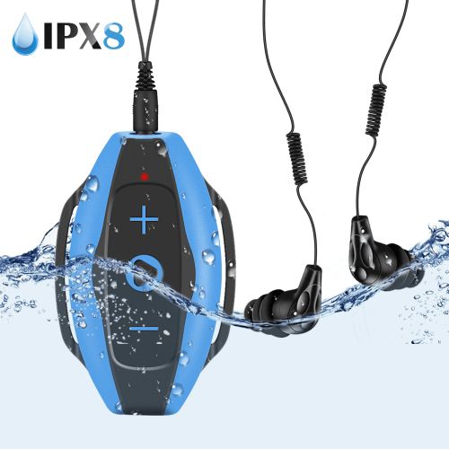  AGPTEK 8GB IPX8 Waterproof MP3 Player with Water Resistant Headphones,suit for Swimming Surfing Running,S05 Blue