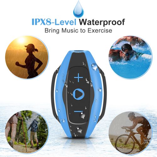  AGPTEK 8GB IPX8 Waterproof MP3 Player with Water Resistant Headphones,suit for Swimming Surfing Running,S05 Blue