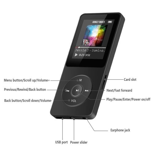  AGPTEK 16GB MP3 Player,Lossless Sound music player with Micro SD Card Slot, Black A02S