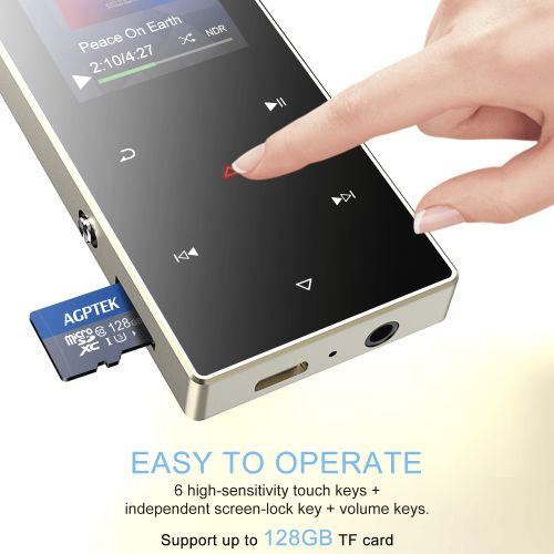  AGPTEK 16GB MP3 Player Bluetooth 4.0 with Speaker, A05ST Metal Touch Button Music Player for Sports,Silver