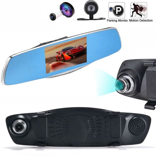  AGPTEK Dual Lens Car Camera, AGPtek Rear View Reverse Mirror Backup Camera, 1080P Full HD Dash Cam Car Recordering System