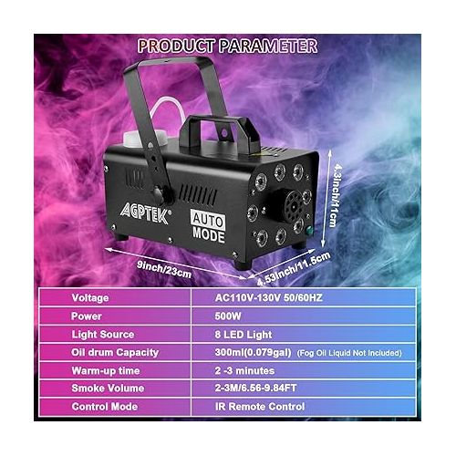  AGPTEK Smoke Machine, Fog Machine with 13 Colorful LED Lights Effect, 500W and 2000CFM Fog with 1 Wired Receiver and 2 Wireless Remote Controls, Perfect for Wedding, Halloween, Party and Stage Effect