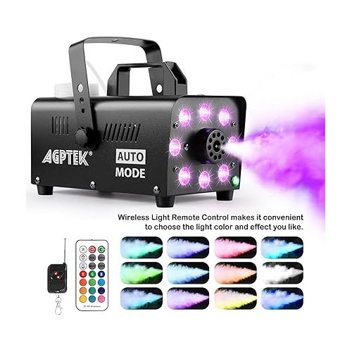  AGPTEK Smoke Machine, Fog Machine with 13 Colorful LED Lights Effect, 500W and 2000CFM Fog with 1 Wired Receiver and 2 Wireless Remote Controls, Perfect for Wedding, Halloween, Party and Stage Effect