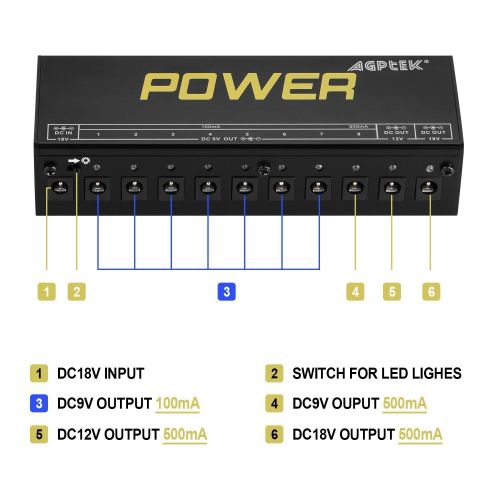  AGPTEK AGPtEK CP-05 Guitar Pedal Power Supply Isolated 10 Outputs for 9V/12V/18V Effects Pedals with Short Circuit/Overcurrent Protection (Black)