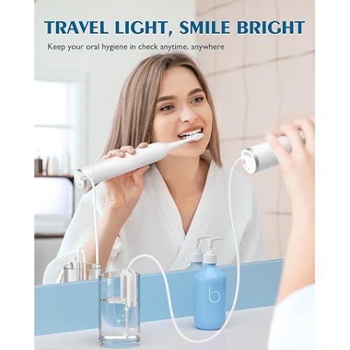  AGPTEK Toothbrush Flosser Combo, Portable Tube for Travel Use, USB C & Contact Charging, 5 Brushing Modes, 5 Water Pressure, 500ml Water Reservoir-White and Silver