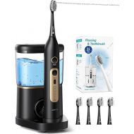 AGPTEK Toothbrush Flosser Combo, Portable Tube for Travel Use, USB C & Contact Charging, 5 Brushing Modes, 5 Water Pressure Oral Irrigator, 500ml Water Reservoir- Gold and Black
