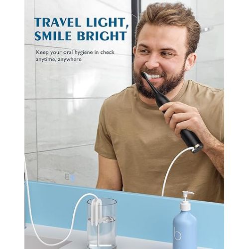  AGPTEK Toothbrush Flosser Combo, Portable Tube for Travel Use, USB C & Contact Charging, 5 Brushing Modes, 5 Water Pressure Oral Irrigator, 500ml Water Reservoir- Gold and Black