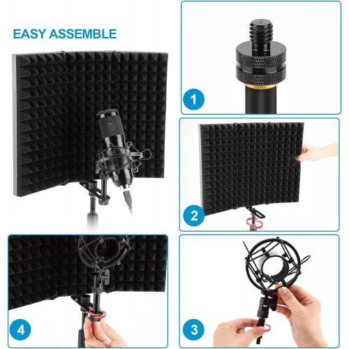  AGPTEK Microphone Isolation Shield, Foldable Adjustable Durable Studio Recording Microphone Isolator Panel for Stand Mount or Table Top