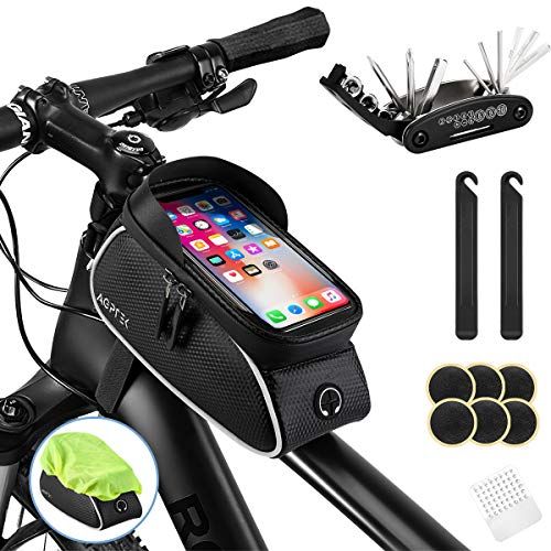  AGPTEK Bike Bag, Bicycle Phone Front Frame Bag Waterproof Cycling Pouch with TPU Touch Screen Bike Phone Mount Holder Accessories Top Tube Bag, for iPhone, Samsung, Below 6.5” - with Bicy