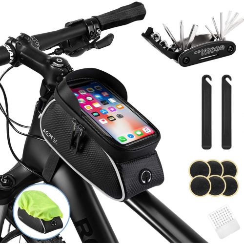  AGPTEK Bike Bag, Bicycle Phone Front Frame Bag Waterproof Cycling Pouch with TPU Touch Screen Bike Phone Mount Holder Accessories Top Tube Bag, for iPhone, Samsung, Below 6.5” - with Bicy