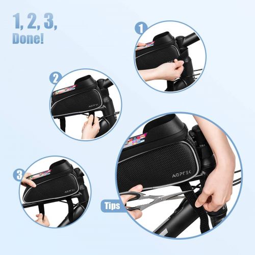  AGPTEK Bike Bag, Bicycle Phone Front Frame Bag Waterproof Cycling Pouch with TPU Touch Screen Bike Phone Mount Holder Accessories Top Tube Bag, for iPhone, Samsung, Below 6.5” - with Bicy