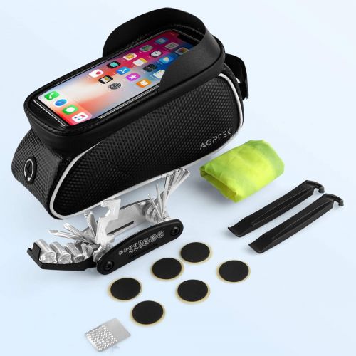  AGPTEK Bike Bag, Bicycle Phone Front Frame Bag Waterproof Cycling Pouch with TPU Touch Screen Bike Phone Mount Holder Accessories Top Tube Bag, for iPhone, Samsung, Below 6.5” - with Bicy