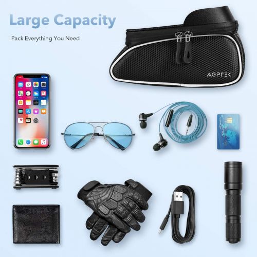  AGPTEK Bike Bag, Bicycle Phone Front Frame Bag Waterproof Cycling Pouch with TPU Touch Screen Bike Phone Mount Holder Accessories Top Tube Bag, for iPhone, Samsung, Below 6.5” - with Bicy