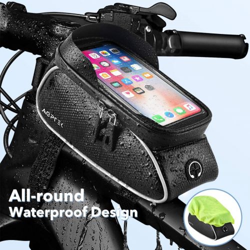  AGPTEK Bike Bag, Bicycle Phone Front Frame Bag Waterproof Cycling Pouch with TPU Touch Screen Bike Phone Mount Holder Accessories Top Tube Bag, for iPhone, Samsung, Below 6.5” - with Bicy