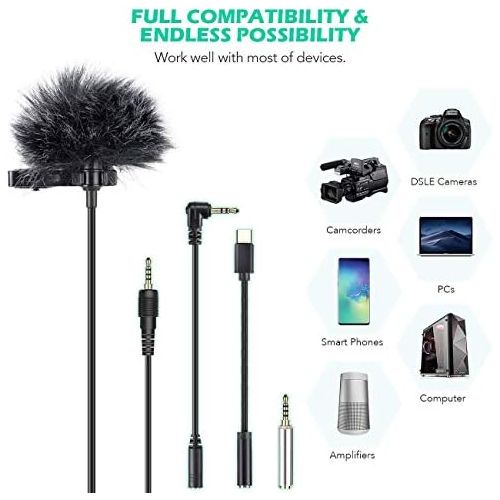  [아마존베스트]AGPTEK Lavalier Microphone, 2m Mini Omnidirectional Capacitor with 2 Transformation and Type C Adapter and Windscreen for Interview, Video Conferencing, Podcast, Dictation etc.