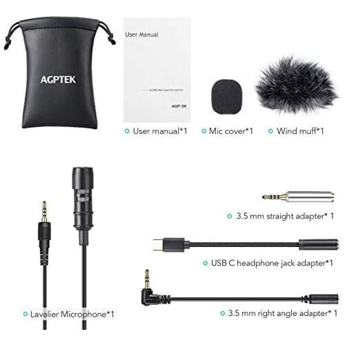  [아마존베스트]AGPTEK Lavalier Microphone, 2m Mini Omnidirectional Capacitor with 2 Transformation and Type C Adapter and Windscreen for Interview, Video Conferencing, Podcast, Dictation etc.