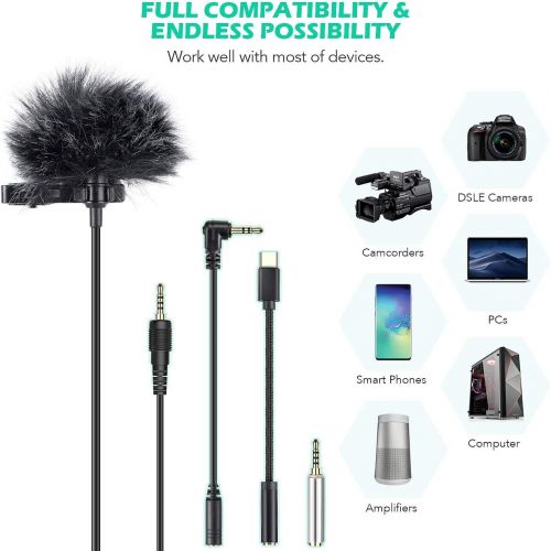  [아마존베스트]AGPTEK Lavalier Microphone, 2m Mini Omnidirectional Capacitor with 2 Transformation and Type C Adapter and Windscreen for Interview, Video Conferencing, Podcast, Dictation etc.