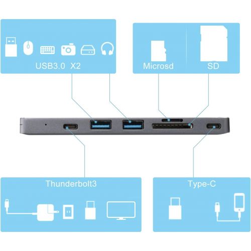  AGPTEK Aluminum USB Type-C 3.1 Hub Adapter for 20162017 MacBook Pro 13” & 15”, 40GBS Thunderbolt 3, PD Charging, 4K HDMI Output, SDMicro Card Readers, 2 USB 3.0 Ports,Silver