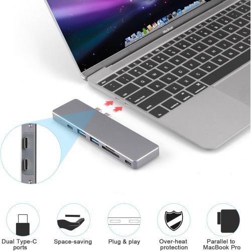  AGPTEK Aluminum USB Type-C 3.1 Hub Adapter for 20162017 MacBook Pro 13” & 15”, 40GBS Thunderbolt 3, PD Charging, 4K HDMI Output, SDMicro Card Readers, 2 USB 3.0 Ports,Silver