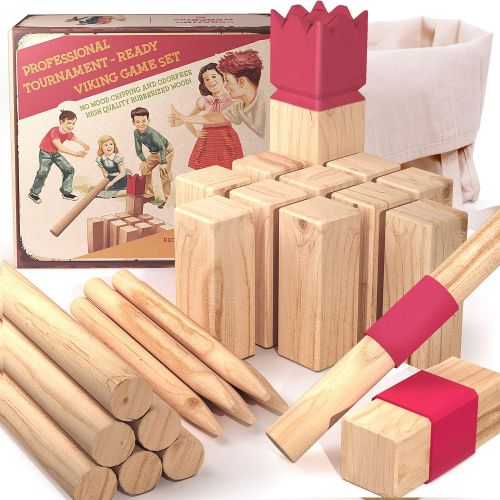  aGreatLife Premium Rubberwood Viking Games Kubb Yard Game Set - Fun Outdoor Yard Games for All Ages Throwing Game Jumbo Sequence Board Game with 2 Extra Replacement Woods and a Tra