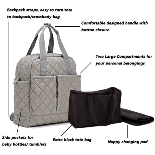  AGVA Large Convertible Diaper Backpack Tote Crossbody Bag with Nappy Changing Pad, Small Carry Bag - Silver Gray