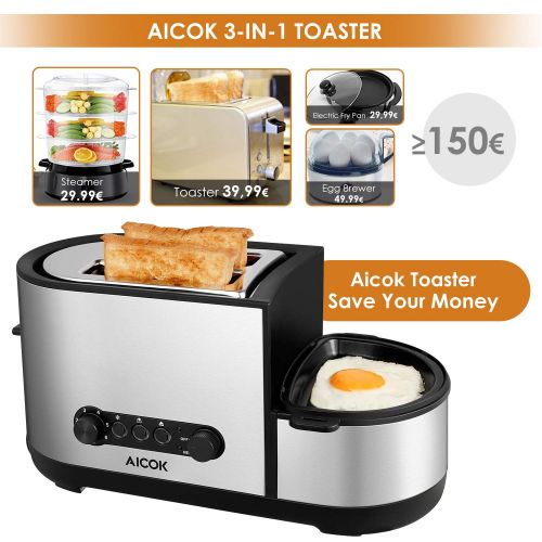  AICOK Aicok Toaster 3 in 1 Practical Automatic Toaster with Egg Boiler and Electric Pans, 1250 Watt, Up to 7 Browning Levels and 2 Slices of Bread, Brushed Stainless Steel