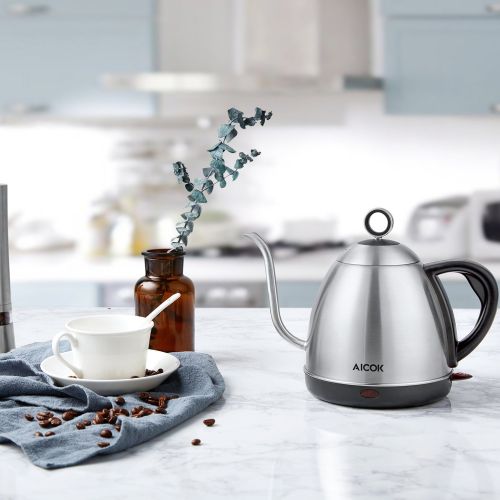  Electric Kettle, AICOK Electric Gooseneck Kettle, Pour Over Kettle for Coffee or Tea, 1L Fast Heating Stainless Steel Water Kettle with Boil Dry Protection & Automatic Shutoff, 100