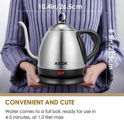  Electric Kettle, AICOK Electric Gooseneck Kettle, Pour Over Kettle for Coffee or Tea, 1L Fast Heating Stainless Steel Water Kettle with Boil Dry Protection & Automatic Shutoff, 100