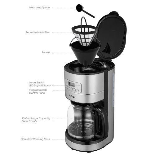  AICOK Aicok Coffee Maker , 12 Cups Programmable Coffee Maker with Timer, Coffee Pot, and Reusable Filter, Stainless Steel