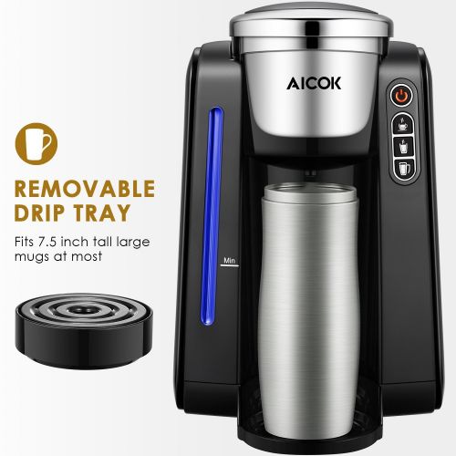 AICOK Aicok Single Serve Programmable Coffee Maker, Five Brew Sizes for Most Single Cup Pods Including K-CUP pods, 45 OZ Large Removable Water Tank, Quick Brew Technology, 1420W, Black