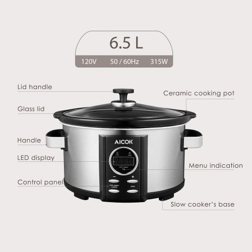  AICOK Slow Cooker Aicok 7 Quart Slow Cookers Programmable with 12 Hour Timer Auto Shut Off and Instant Food Warmer, Anti-scalding Handle and Oval Nonstick Removable Crock Stoneware,Stain