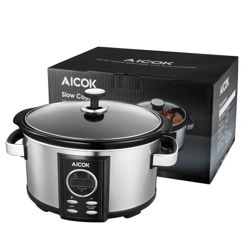  AICOK Slow Cooker Aicok 7 Quart Slow Cookers Programmable with 12 Hour Timer Auto Shut Off and Instant Food Warmer, Anti-scalding Handle and Oval Nonstick Removable Crock Stoneware,Stain