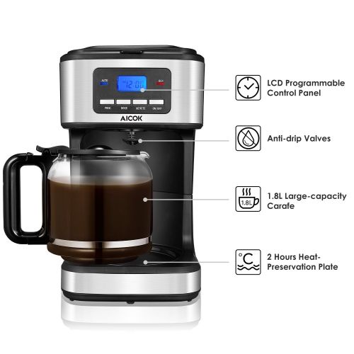  AICOK Aicok Coffee Maker, 12 Cups Programmable Drip Coffee Maker with Coffee Pot, Coffee Machine with Timer, Anti-Drip Design, Permanent Filter Coffee Maker, 1.8 Liter Glass Carafe, 900W