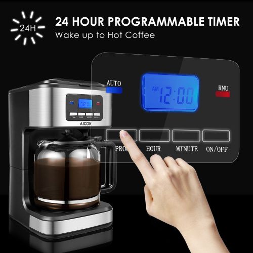  AICOK Aicok Coffee Maker, 12 Cups Programmable Drip Coffee Maker with Coffee Pot, Coffee Machine with Timer, Anti-Drip Design, Permanent Filter Coffee Maker, 1.8 Liter Glass Carafe, 900W