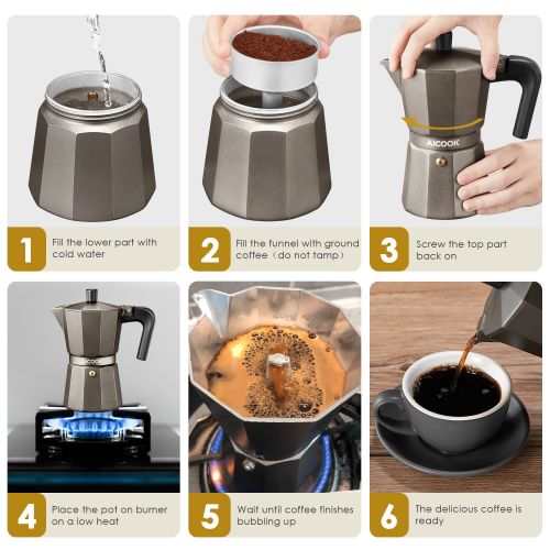  AICOOK Stovetop Espresso Machine, 6 Cups Moka Pot, Espresso and Coffee Maker for for Gas or Electric Ceramic Stovetop, Espresso Shot Maker for Italian Espresso, Cappuccino and Latt