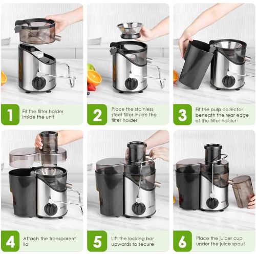  AICOOK Juicer Machine, Aicook Juice Extractor with 3 Wide Mouth, Non-Slip Feet, 3 Speed Centrifugal Juicer for Fruits and Vegs, BPA-Free