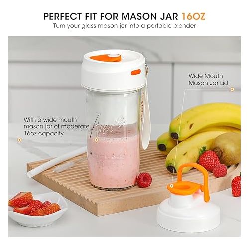  Portable Blender, Aieve USB Rechargeable Travel Blender for Wide Mouth Mason Jar, 16oz Blender Cup with Jar Lid and 8 Blades for Picnic/Office/Gym/Travel