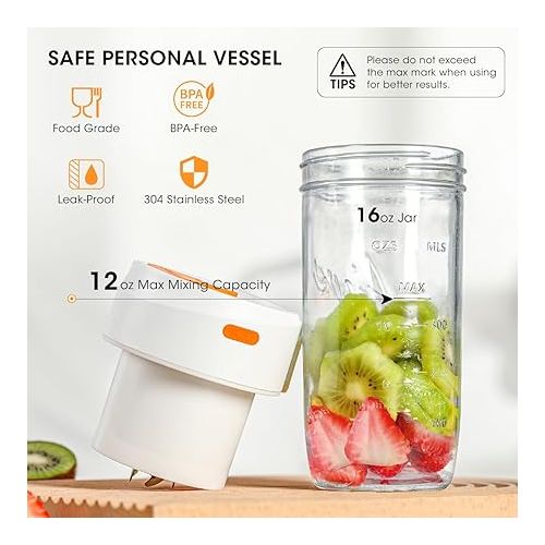  Portable Blender, Aieve USB Rechargeable Travel Blender for Wide Mouth Mason Jar, 16oz Blender Cup with Jar Lid and 8 Blades for Picnic/Office/Gym/Travel