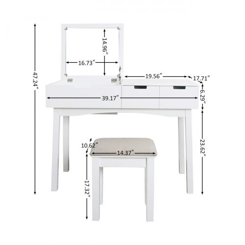  AILEEKISS Vanity Set with Dressing Table Flip Top Mirror Organizer Cushioned Stool Makeup Wooden Writing Desk 2 Drawers Easy Assembly Beauty Station Bathroom (White)