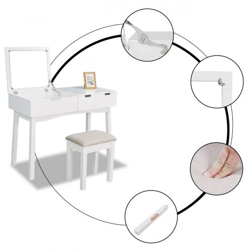  AILEEKISS Vanity Set with Dressing Table Flip Top Mirror Organizer Cushioned Stool Makeup Wooden Writing Desk 2 Drawers Easy Assembly Beauty Station Bathroom (White)