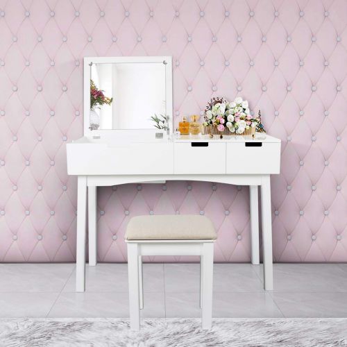  AILEEKISS Vanity Set with Dressing Table Flip Top Mirror Organizer Cushioned Stool Makeup Wooden Writing Desk 2 Drawers Easy Assembly Beauty Station Bathroom (White)
