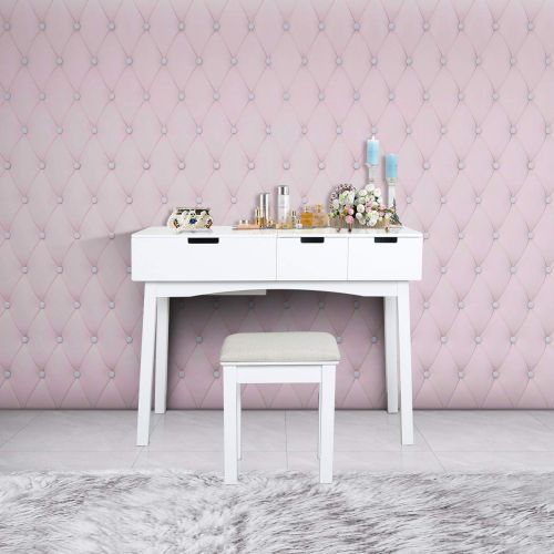  AILEEKISS Vanity Set with Dressing Table Flip Top Mirror Organizer Cushioned Stool Makeup Wooden Writing Desk 2 Drawers Easy Assembly Beauty Station Bathroom (White)