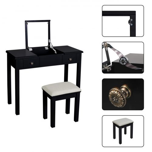  AILEEKISS Vanity Set with Flip Top Mirror Makeup Dressing Table Removable Makeup Table Organization Writing Desk with 2 Drawers 3 Dividers Organizers Cushioned (Black)