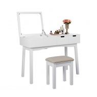 AILEEKISS Vanity Set with Dressing Table Flip Top Mirror Organizer Cushioned Stool Makeup Wooden Writing Desk 2 Drawers Easy Assembly Beauty Station Bathroom (White)