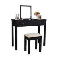 AILEEKISS Vanity Set with Flip Top Mirror Makeup Dressing Table Removable Makeup Table Organization Writing Desk with 2 Drawers 3 Dividers Organizers Cushioned (Black)