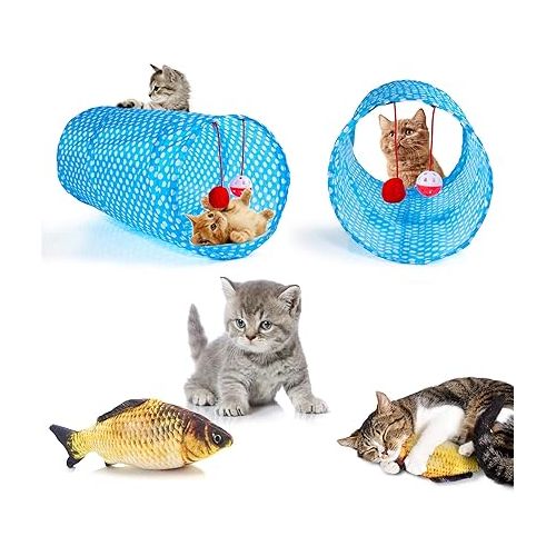  AILUKI 31 PCS Cat Toys Kitten Toys Assortments,Variety Catnip Toy Set Including 2 Way Tunnel,Cat Feather Teaser,Catnip Fish,Mice,Colorful Balls and Bells for Cat,Puppy,Kitty