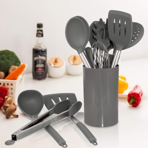  [아마존 핫딜]  [아마존핫딜]Silicone Cooking Utensil Set, AILUKI Kitchen Utensils 14 Pcs Cooking Utensils Set,Non-stick Heat Resistant Silicone,Cookware with Stainless Steel Handle - Grey