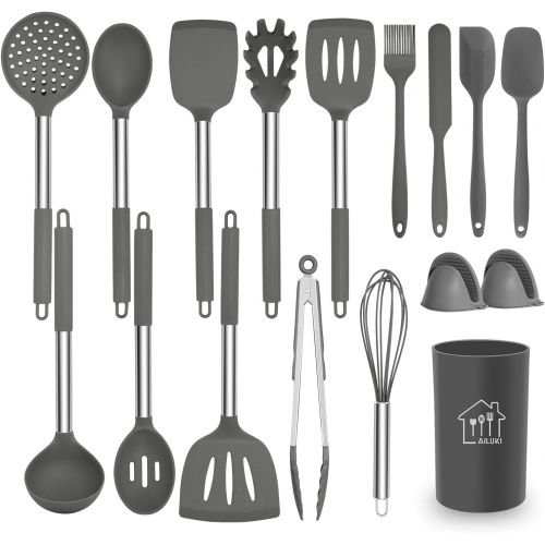  [아마존 핫딜]  [아마존핫딜]Silicone Cooking Utensil Set, AILUKI Kitchen Utensils 14 Pcs Cooking Utensils Set,Non-stick Heat Resistant Silicone,Cookware with Stainless Steel Handle - Grey