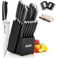 AILUKI Knife Set,18 Piece Kitchen Knife Set with Black Block Wooden and Sharpener, Professional High Carbon German Stainless Steel Chef Knife Set, Ultra Sharp Full Tang Forged Black Knive